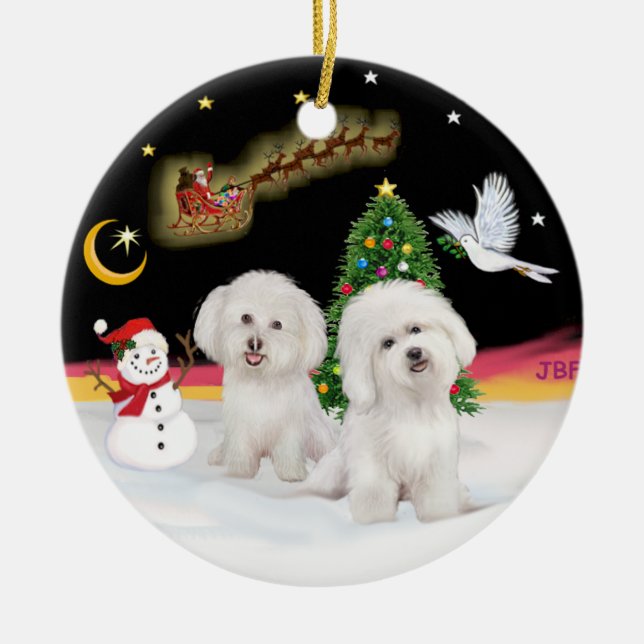 Night Flight - Two Bichon Frise Ceramic Ornament (Front)