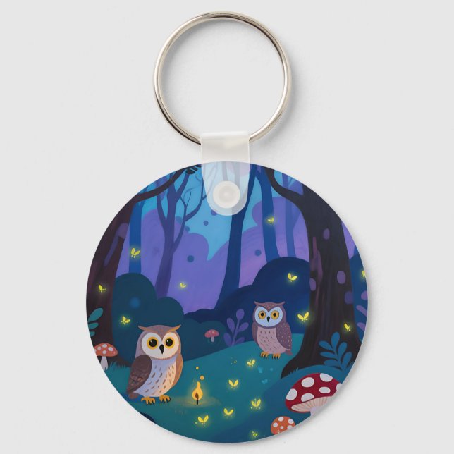 Night Forest Owls Illustration Keychain (Front)