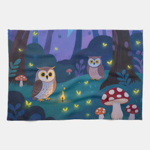 Night Forest Owls Illustration Kitchen Towel