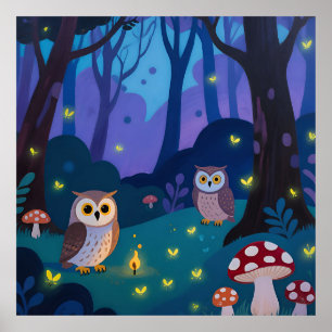 Night Forest Owls Illustration Poster