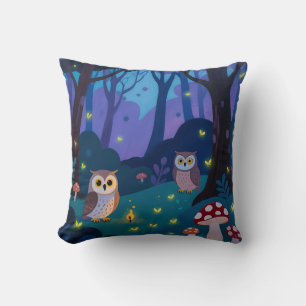 Night Forest Owls Illustration Throw Pillow