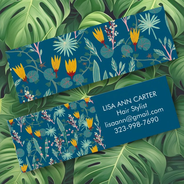 Night Garden Floral Botanical Pattern dark Blue Mini Business Card (Mini custom business cards with a sweet design of a floral garden in deep blue)