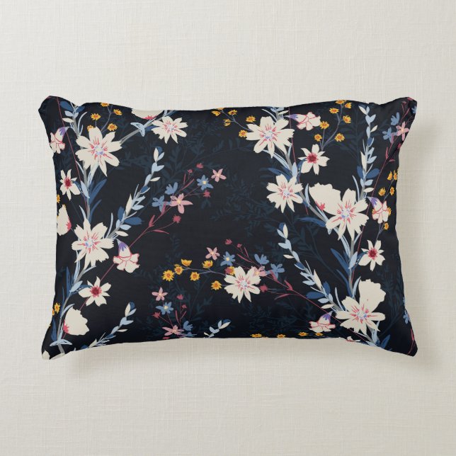 Night Garden Floral Navy Pattern Accent Pillow (Front)