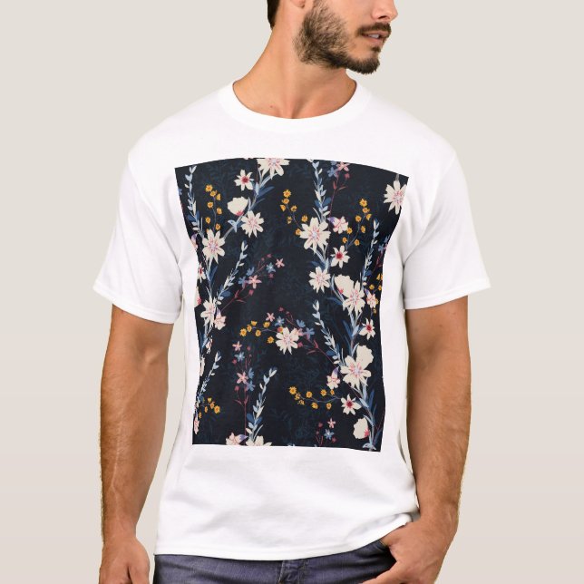 Night Garden Floral Navy Pattern T-Shirt (Front)