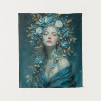 Night Goddess in Blue Flowers Tapestry