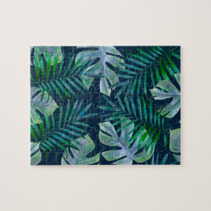 Night Green Tropical Leaves Jigsaw Puzzle