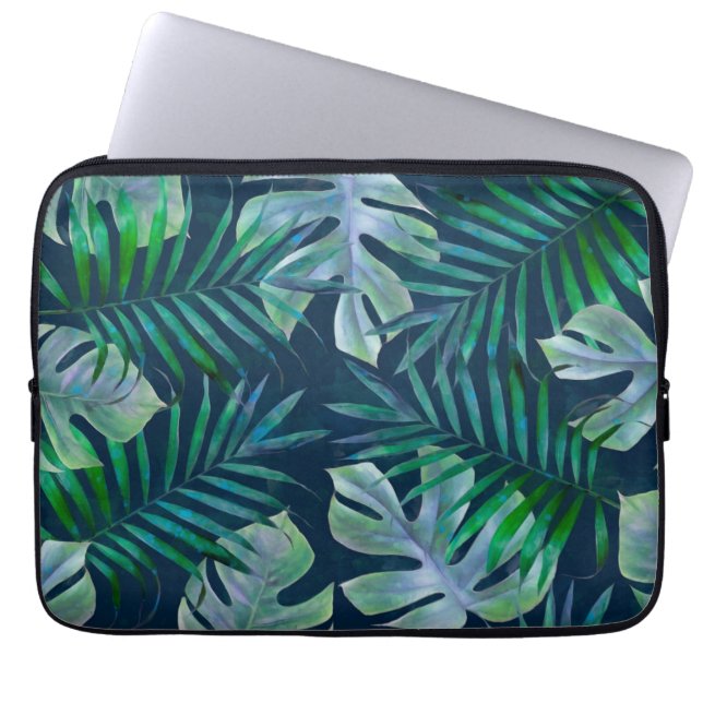 Night Green Tropical Leaves Laptop Sleeve (Front)