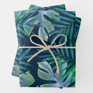 Night Green Tropical Leaves Wrapping Paper Sheet