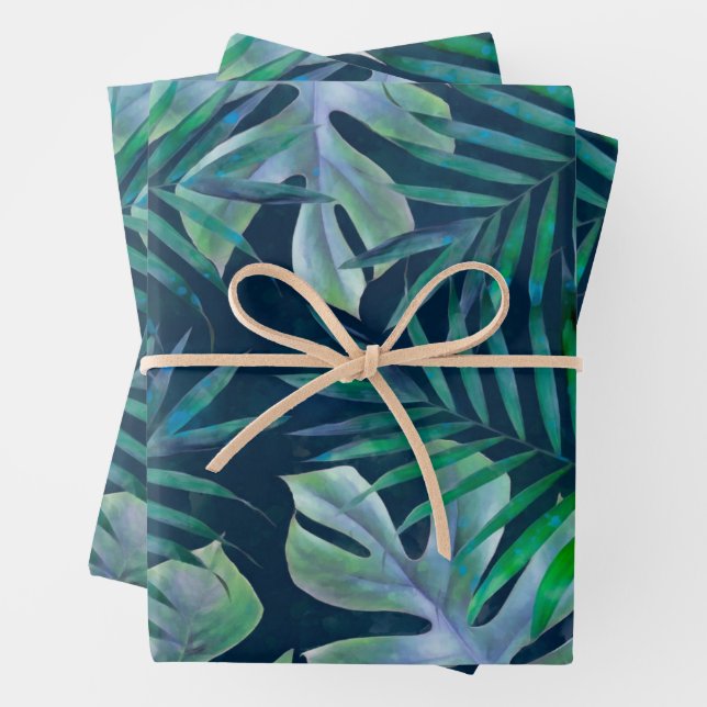 Night Green Tropical Leaves Wrapping Paper Sheet (In situ)
