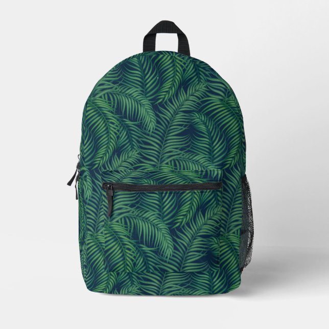 Night Green Tropical Palm Leaves Pattern Printed Backpack (Front)