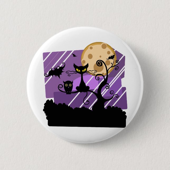 Night Halloween Moon Cat Tree Outside Owl Bat 2 Inch Round Button (Front)