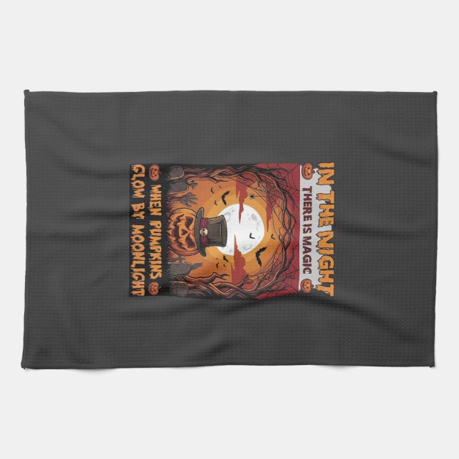 Night Halloween Pumpkin Top Hat Bats Graveyard_1 Kitchen Towel (Horizontal)