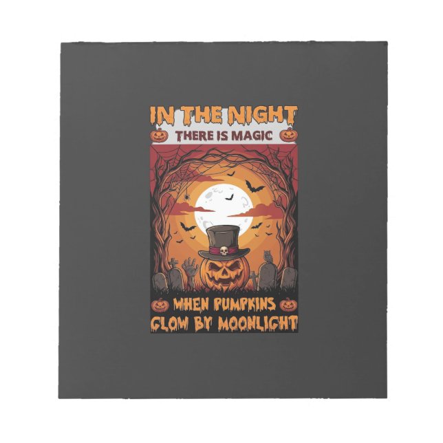 Night Halloween Pumpkin Top Hat Bats Graveyard_1 Notepad (Front)