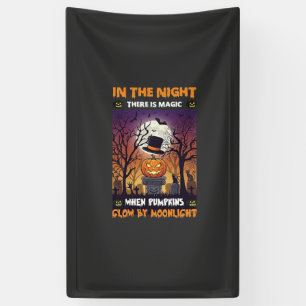 Night Halloween Pumpkin Top Hat Moon Graveyard Banner