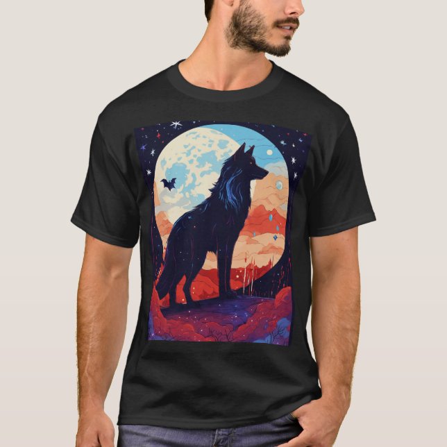Night Howl: Glassblown Wolves Under a Cosmic Moon T-Shirt (Front)