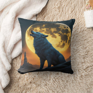 Night Howl Under a Full Moon in Fantasy Landscape Throw Pillow