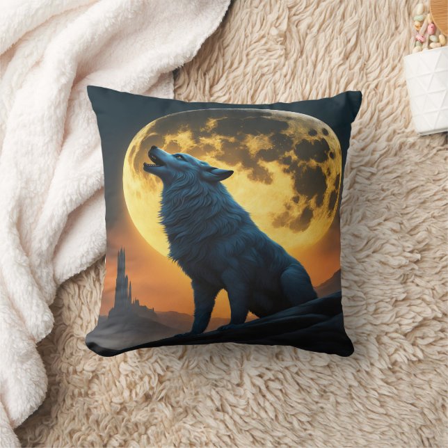 Night Howl Under a Full Moon in Fantasy Landscape Throw Pillow (Blanket)