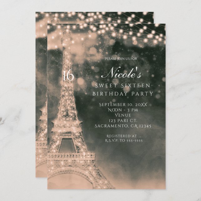 Night in Paris Eiffel Tower & Lights Invitations (Front/Back)