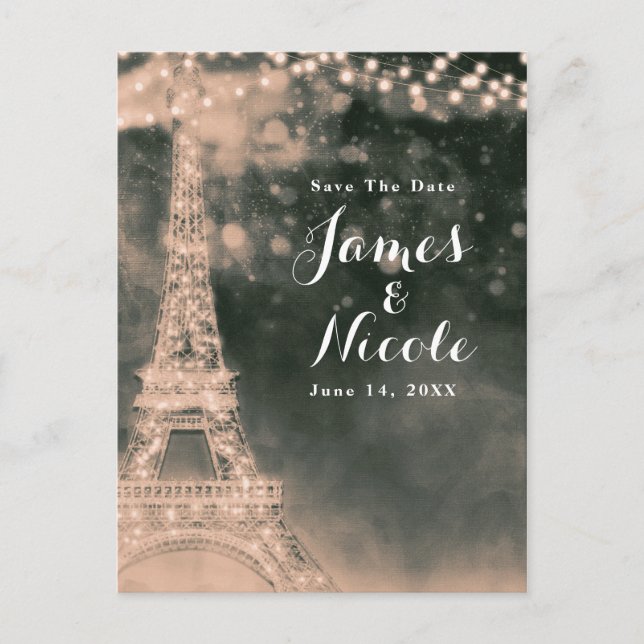 Night in Paris Eiffel Tower & Lights Save the Date Announcement Postcard (Front)