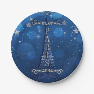 Night In Paris Under the Stars Blue Silver Party Paper Plate