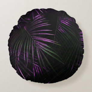 Night in tropical rainforest. Palm leaves jungle p Round Pillow