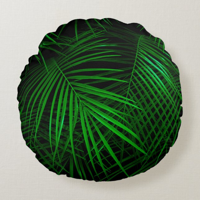 Night in tropical rainforest. Palm leaves lit with Round Pillow (Front)