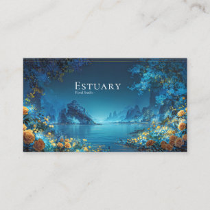 Night Landscape Gold Floral Turquoise Lake Business Card