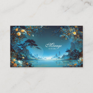 Night Landscape Gold Rose Floral Teal Lake Frame Business Card