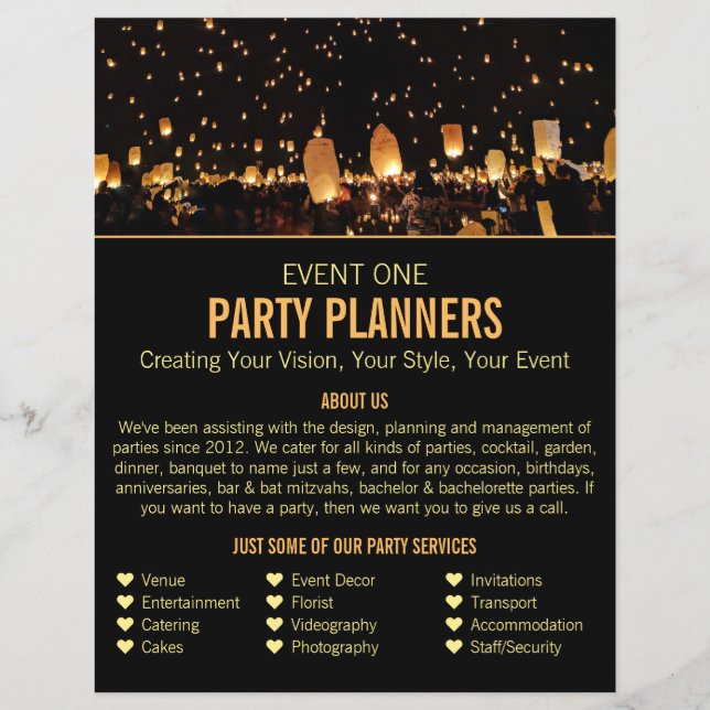 Night Lights, Party Event Planner Advertising Flyer (Front)