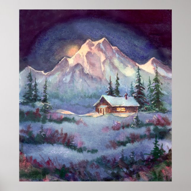 NIGHT LOG CABIN by SHARON SHARPE Poster (Front)
