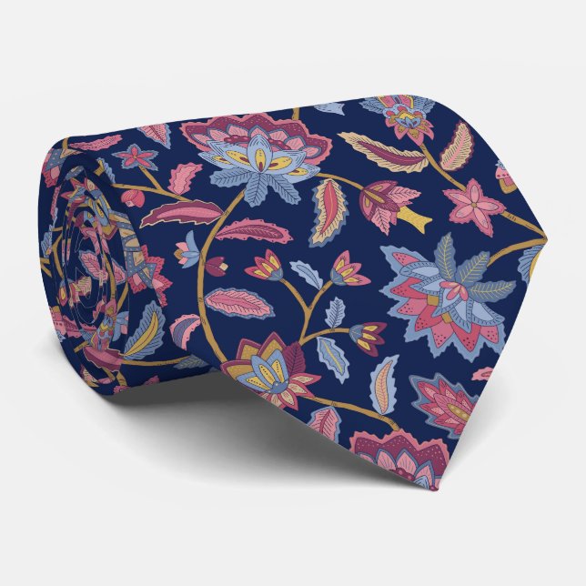 Night moody indian floral on dark blue tie (Rolled)