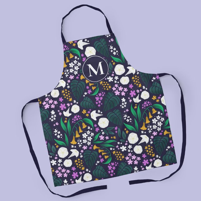 Night Moon Garden Floral Botanical Pattern Apron (Moon Garden Monogram Apron)