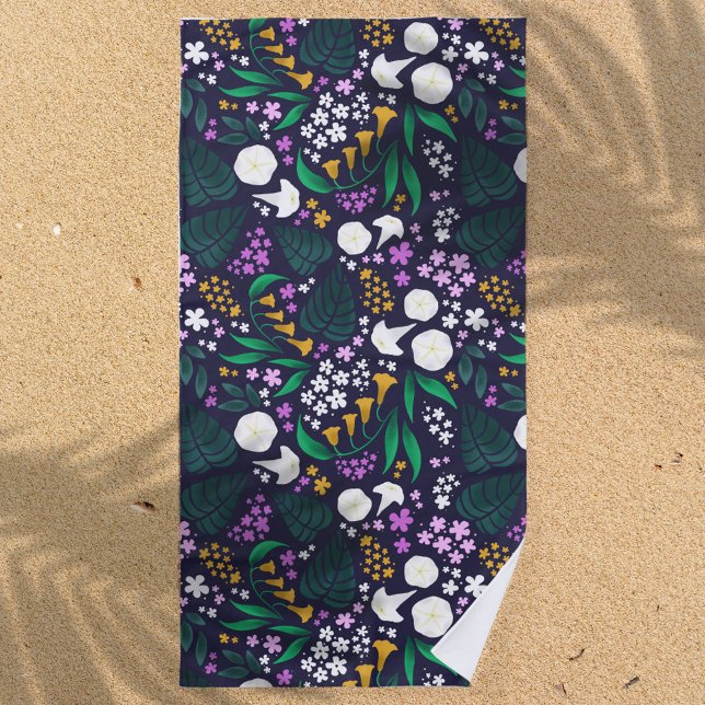 Night Moon Garden Floral Botanical Pattern Beach Towel (Moon Garden Floral Beach Towel)