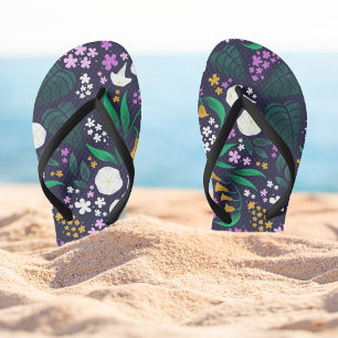 Night Moon Garden Floral Botanical Pattern Flip Flops