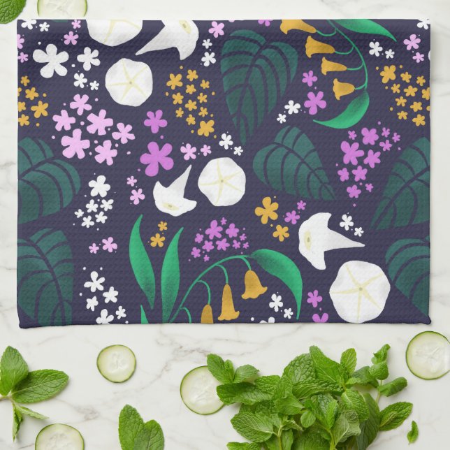 Night Moon Garden Floral Botanical Pattern Kitchen Towel (Folded)