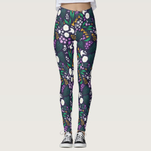 Night Moon Garden Floral Botanical Pattern Leggings