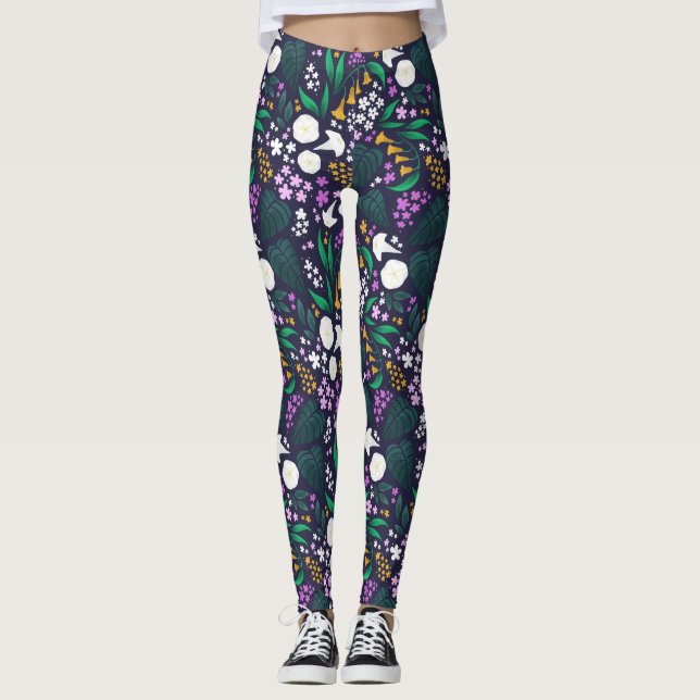 Night Moon Garden Floral Botanical Pattern Leggings (Front)