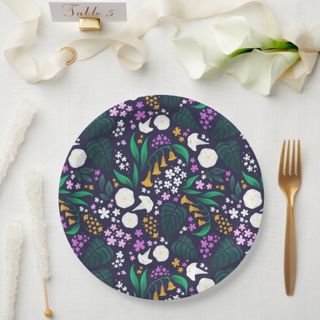 Night Moon Garden Floral Botanical Pattern Paper Plate (Wedding)