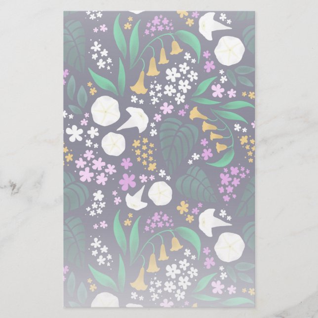 Night Moon Garden Floral Botanical Pattern Stationery (Front)