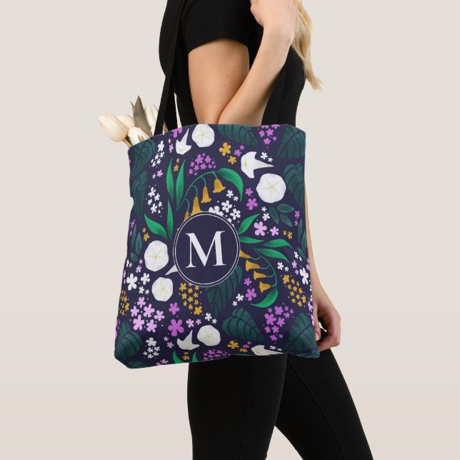 Night Moon Garden Floral Botanical Pattern Tote Bag (Close Up)
