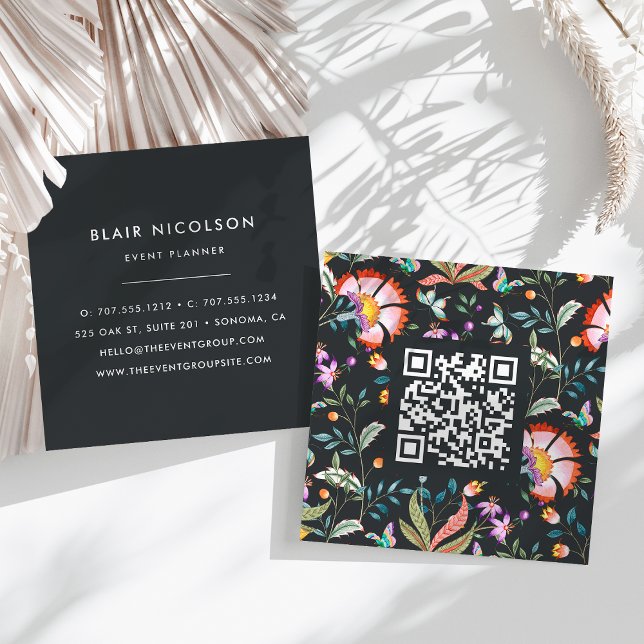 Night Oasis | Floral Pattern QR Code Square Business Card (Creator Uploaded)