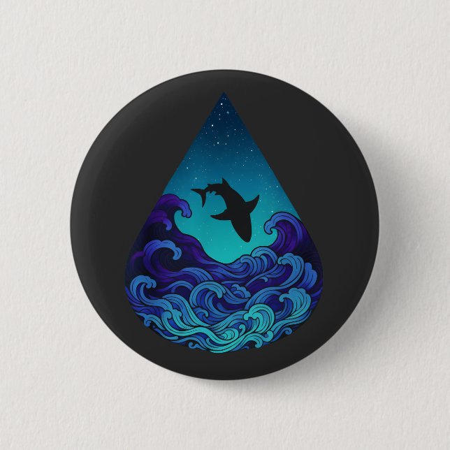 Night Ocean Shark Silhouette Teardrop Starry Sea 2 Inch Round Button (Front)