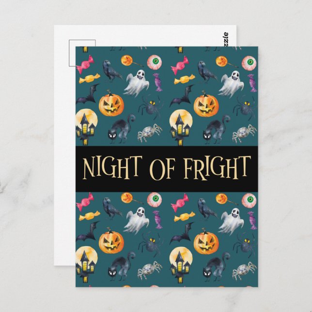 "Night of Fright" Green Halloween Pattern Postcard (Front/Back)