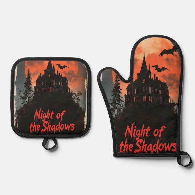 Night of the Shadows -  Retro Haunted House Design Oven Mitt & Pot Holder Set (Front)