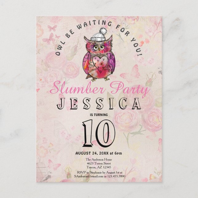 Night Owl Birthday Slumber Party Invitation Postcard (Front)