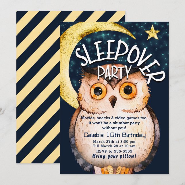 Night Owl Cute Sleepover Slumber Birthday Party Invitation (Front/Back)