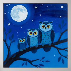 Night Owl Family Moonlit Sky Poster