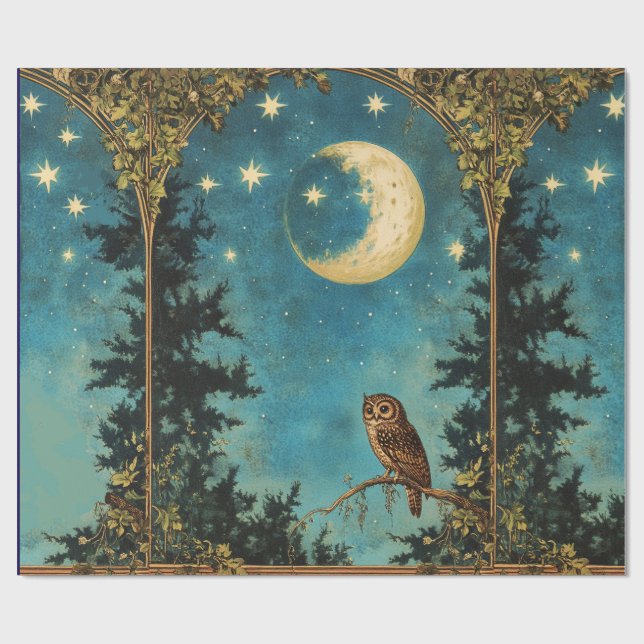NIGHT OWL FULL MOON AND STARRY NIGHT WRAPPING PAPER (Flat)