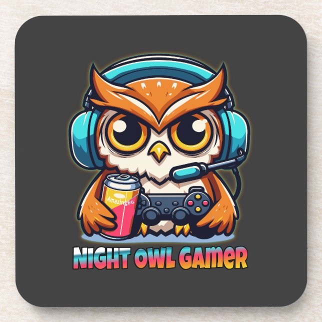 Night Owl Gamer Mascot Fun Gaming Illustration Coaster (Front)