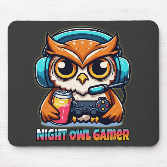 Night Owl Gamer Mascot Fun Gaming Illustration Mouse Pad (Front)